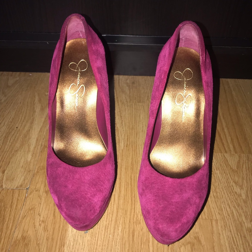 Pink suede heels.